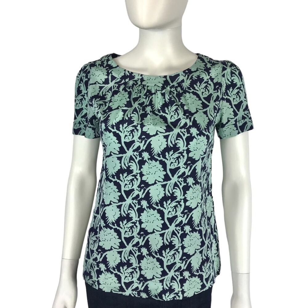 Tory Burch Floral Silk Blouse Navy Blue & Teal Silk Short Sleeves